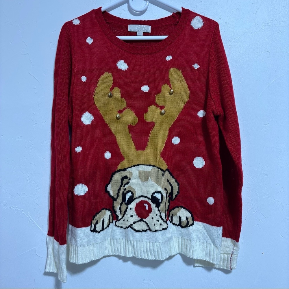 Carolyn Taylor Women's XL Red Christmas Sweater Pug Dog Rudolph Bells Boxer Snow